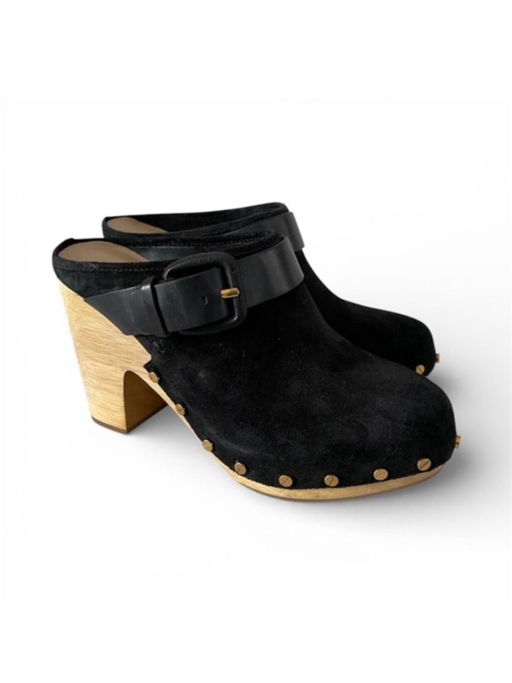 Veronica Beard Black Suede Studded Buckle Clogs Wooden Block Heel Mule Shoes‎